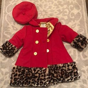 Coat w/ animal print faux fur and matching beret.